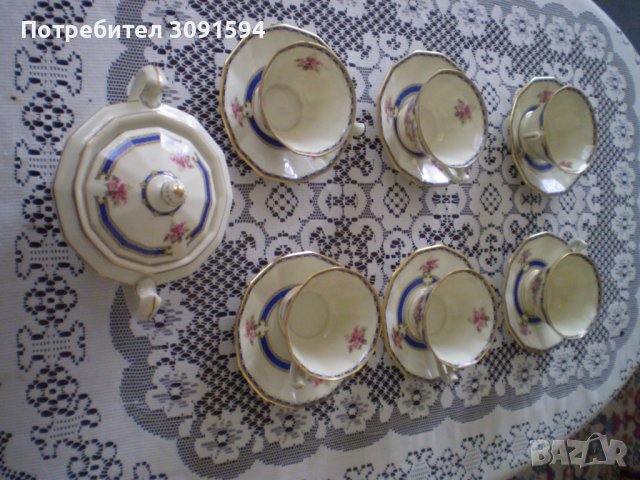 Стар сервиз за ЧАЙ порцелан SCHLAGGENWALD BOHEMIA Бяло синьо злато Рядка находка, снимка 5 - Антикварни и старинни предмети - 40197046