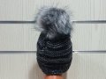 Нова дамска плетена шапка тъмносин меланж с помпон/пух, снимка 5