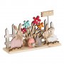 Великденска декорация, Зайчета с козина в ограждение, Дървена, 18x5x11 см