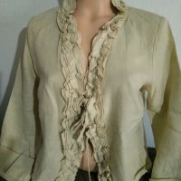 Тъмно бежова ленена блуза с къдри, M, снимка 1 - Блузи с дълъг ръкав и пуловери - 37968641