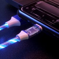 Универсален, светещ, троен кабел с накрайници за iPhone / TYPE C / microUSB /Цвят: Си, снимка 4 - USB кабели - 42881015