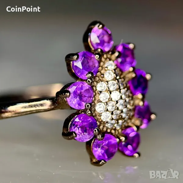 Сребърен пръстен с Аметисти и родиево покритие, снимка 1