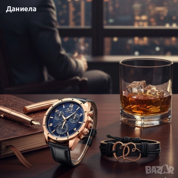 Мъжки часовник S&T Seek Time с кожена гривна – подаръчен комплект, снимка 1