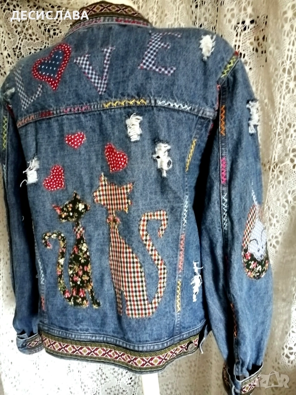 Дънково/деним яке M/L Котки ръчна декорация, снимка 1