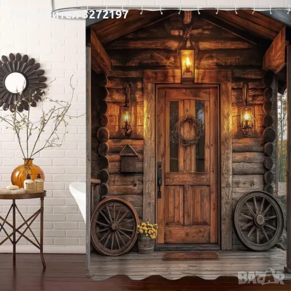 Комплект 2бр.-Полиестерни завеси за баня,Дизайн Рустикална дървена врата,Водоустойчиви, снимка 1