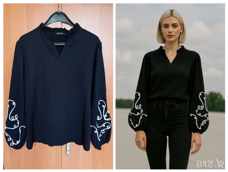 Черен топ с бродерия, снимка 1