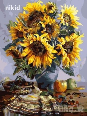 5D гоблен Ваза със Слънчогледи на маса диамантен гоблен картина мозайка за направа по схема с камъче, снимка 1