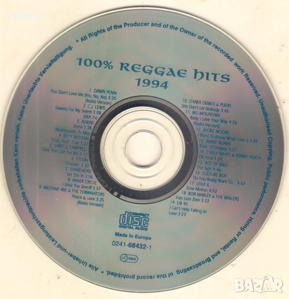 CD диск Various ‎– 100% Reggae Hits '94 без кутия и обложка, снимка 1