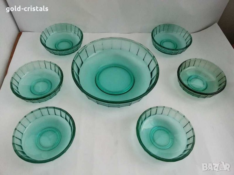 Стъклени купа и купички цветно зелено стъкло, снимка 1
