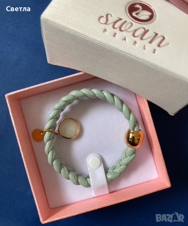 Елегантна Нова Гривна Swan Pearls,Сертификат,925 Ag,20см,Au покритие,Естеств.кожа,Перфектен подарък, снимка 1