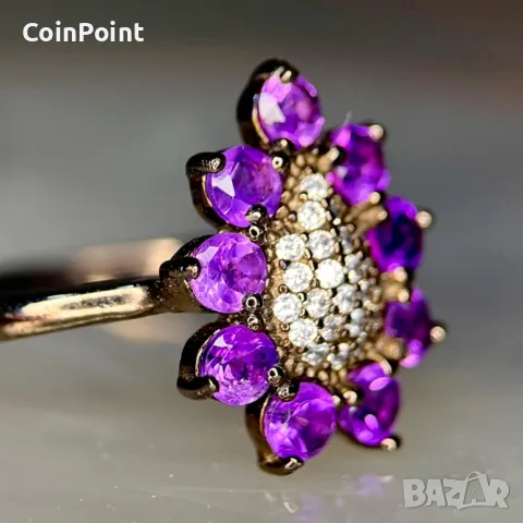 Сребърен пръстен с Аметисти и родиево покритие