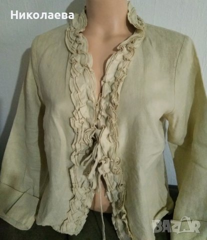 Тъмно бежова ленена блуза с къдри, M, снимка 1 - Блузи с дълъг ръкав и пуловери - 37968641