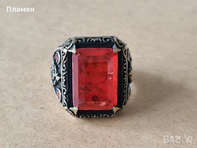 мъжки сребърен пръстен с червен камък, снимка 3 - Пръстени - 35124628