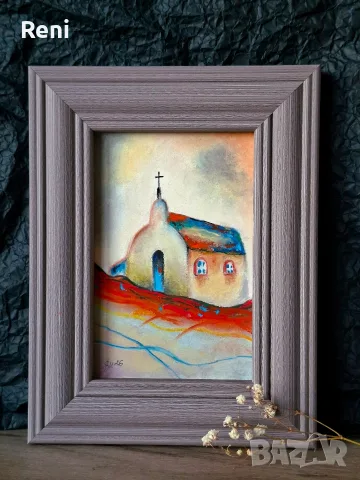 Стара църквичка, въглен/пастел, миниатюра оригинал, снимка 3 - Картини - 56133406