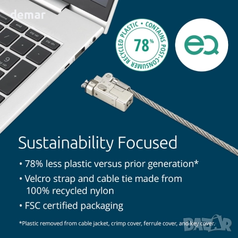 Kensington Slim NanoSaver 2.0 EQ ключалка за лаптоп с ключ, 1,8 м кабел (K60630WW), снимка 2 - Лаптоп аксесоари - 51463454