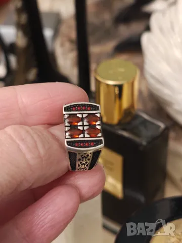 Стар сребърен мъжки пръстен с естествени рубини, снимка 3 - Пръстени - 49766069