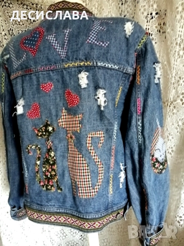 Дънково/деним яке M/L Котки ръчна декорация