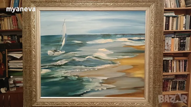 Картина с маслени бои върху платно в масивна  рамка . "Морски бриз“ , художник Петя Хинкова. , снимка 3 - Картини - 55826866