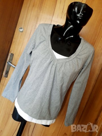 Сива изчистена памучна блуза с вграден бял потник Л, снимка 1 - Блузи с дълъг ръкав и пуловери - 35053049