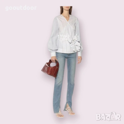 Ganni Striped обвиваща памучна риза (38), снимка 4 - Ризи - 53332667