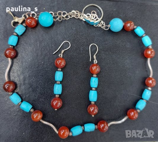 Винтидж / Сребърен комплект с натурални камъни - карнеол и тюркоаз - проба 925 , снимка 2 - Колиета, медальони, синджири - 29446759