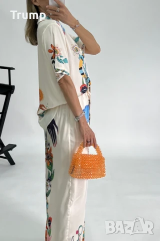 Елегантен сатенен комплект, вискозапанталон с риза, цветя, снимка 2 - Комплекти - 50640745