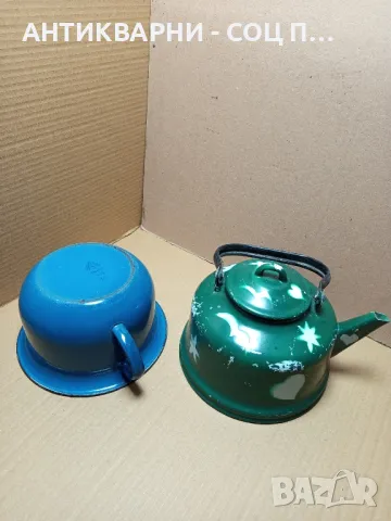 Комплект Соц Стари Емайлирани Чайник С Купа Съд., снимка 7 - Антикварни и старинни предмети - 49338380