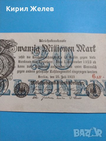 Райх банкнота - 20 Милиона марки 1923 година Германия - за колекция - 18893, снимка 2 - Нумизматика и бонистика - 31186530