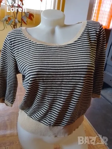 Блуза на светло кафеви и черни раета с три четвърт ръкав, снимка 2 - Блузи с дълъг ръкав и пуловери - 49163047