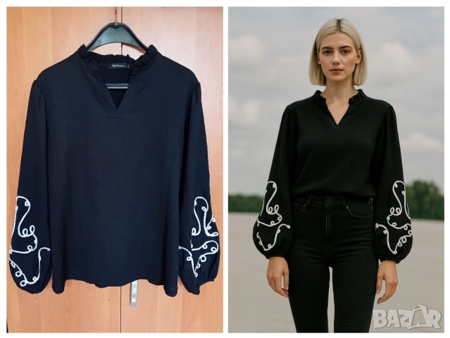 Черен топ с бродерия, снимка 1