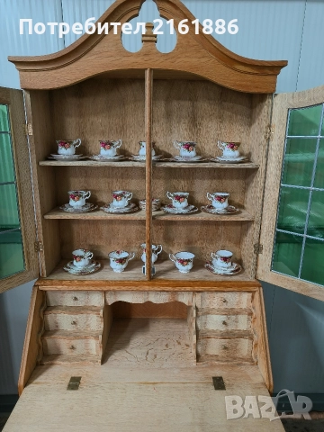 Дъбово писалище с надстройка с оловен витраж , снимка 5 - Шкафове - 52724858