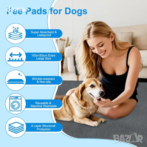 Миеща се подложка за кученца, 183x183 см, за многократна употреба, неплъзгаща се, водоустойчива,сива, снимка 2 - За кучета - 49516296