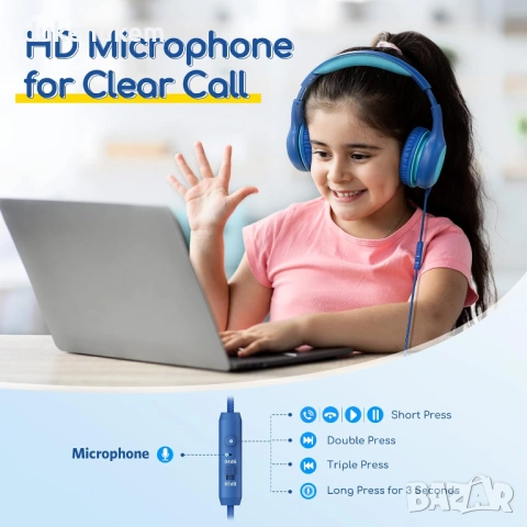 Детски слушалки с кабел и микрофон – ограничение 85/94 dB, сгъваеми, снимка 2 - Слушалки и портативни колонки - 53162597