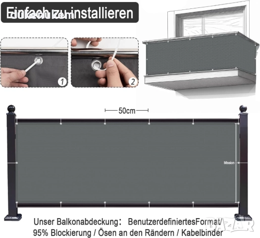 Защитна преграда за балкон 90х500 см – водоустойчива, UV защита, антрацит, снимка 4 - Други стоки за дома - 52463781