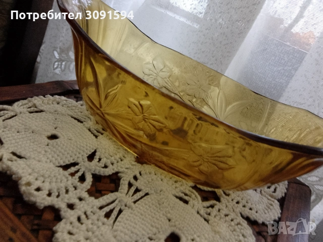 Винтидж арт деко 1930 стъклена купа кехлибарен цвят , снимка 4 - Други ценни предмети - 41709650