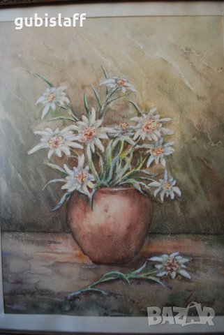 Стара картина, рисунка, ваза с цветя, Хр. Гайчев, 1980-те г., снимка 3 - Картини - 31449317