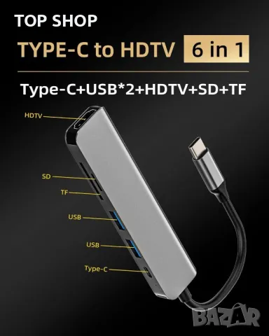 USB C хъб 6в1 USB HDMI TF SD четец на карти, снимка 5 - Кабели и адаптери - 49451966