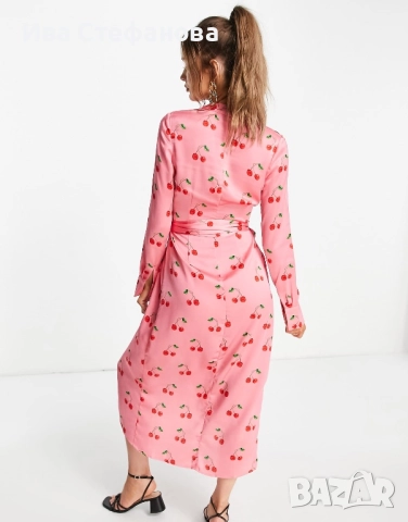 Розова елегантна дълга рокля тип халат прегърни ме принт черешки череши универсален размер , снимка 4 - Рокли - 43057226