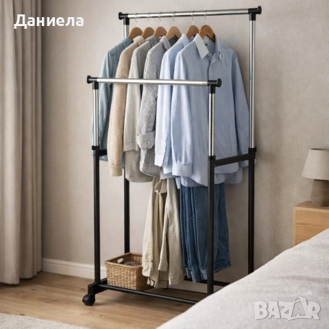 Двойна стойка за дрехи на колела - лесно преместване и повече място за дрехи, снимка 2 - Други - 53882280