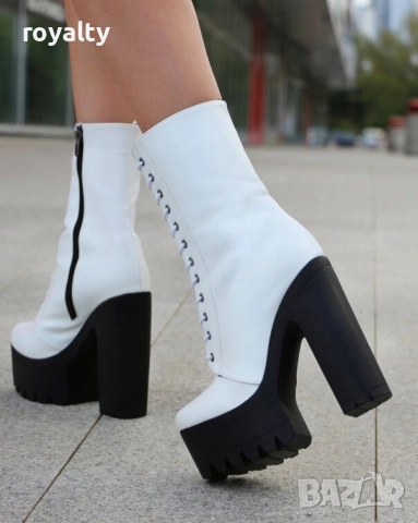 Боти на ток - бяла кожа с черно ходило, снимка 4 - Дамски боти - 52163297