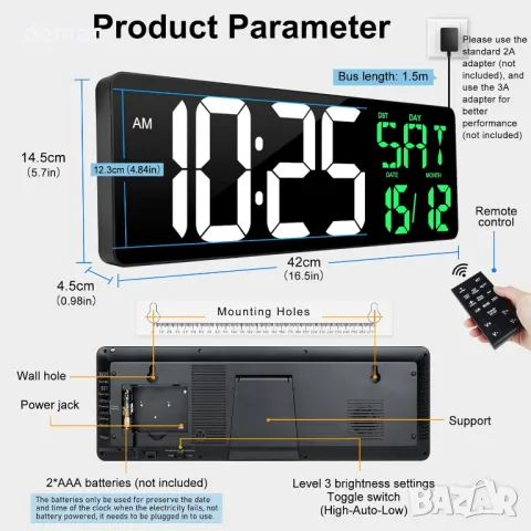 Aolyty 16,5-инчов LED дигитален стенен часовник с дистанционно управление, (бяло-зелен), снимка 6 - Други стоки за дома - 48292573