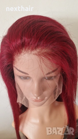 Естествена дантелена перука 80 см - 200% плътност, 13x6 Lace, бургунди тъмно червена права коса, снимка 8 - Аксесоари за коса - 53136225