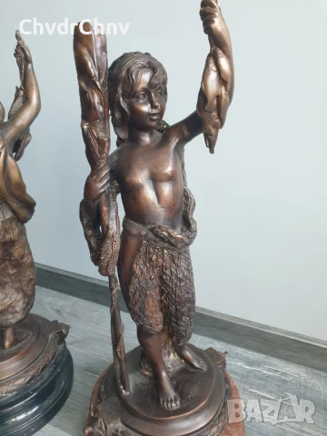 Moreau статуетки 76см-40кг/2бр чифт стари големи бронзови скулптури/фигура на ловец-рибар, снимка 2 - Антикварни и старинни предмети - 51324590