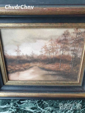 35х42см/малка картина масло върху платно/пейзаж-гора-езеро/масивна дървена рамка, снимка 4 - Картини - 50474260