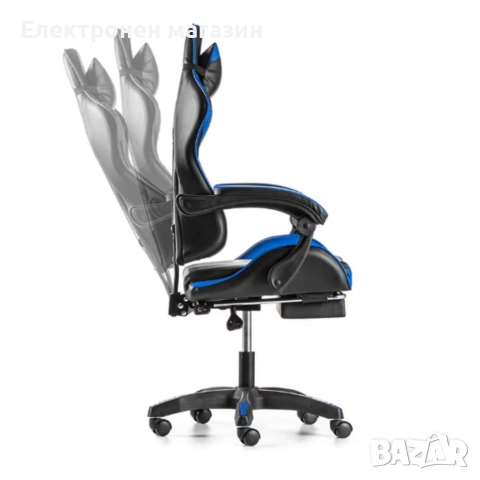 Геймърски стол с поставка за крака – черно-син, въртящ, с масажна функция и спортен дизайн, снимка 9 - Столове за офис - 53241848