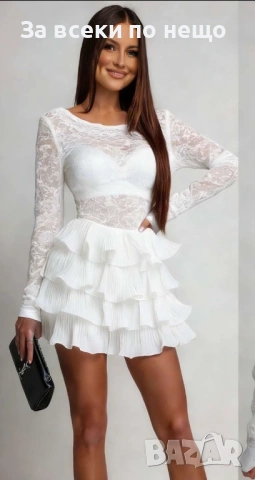 Стилна Къса Елегантна Рокля С Дантела И Дълъг Ръкав С Волани - 2 Цвята Код Roni27