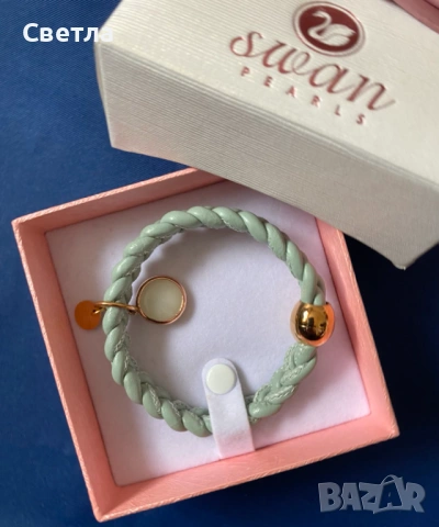 Елегантна Нова Гривна Swan Pearls,Сертификат,925 Ag,20см,Au покритие,Естеств.кожа,Перфектен подарък