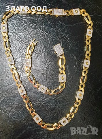 Златен ланец, синджир  + гривна плътни  14К, снимка 2 - Колиета, медальони, синджири - 38443812