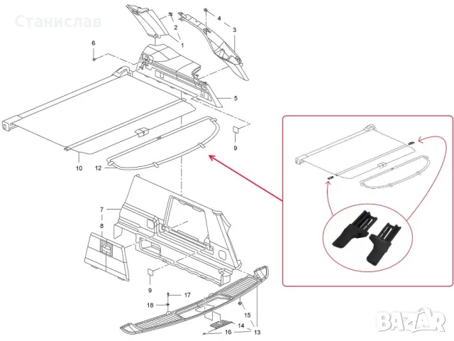 Opel Astra J Sports Tourer Водачи за щора на багажник, снимка 6 - Части - 50388901