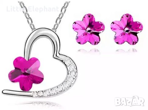 Sale Колие с ланче сърце с цвете,австрийски кр,dark pink/Обеци цветя-австрийски кристали,dark pink/